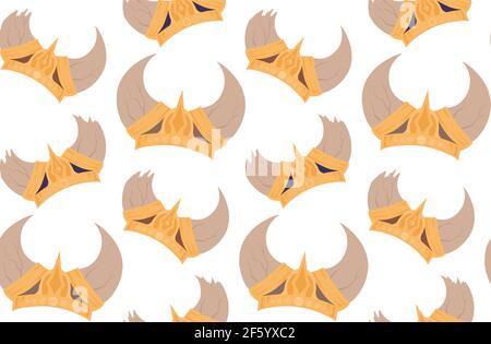 Seamless pattern with colorful cartoon horned viking helmets on white background. Texture with the ammunition of the ancient warriors of the defenders Stock Vector