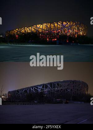 Beijing, China. 27th Mar, 2021. The Beijing landmark buildings turn off the light for one hour to respond to the call of 'Earth Hour' in Beijing, China on 27th March, 2021.(Photo by TPG/cnsphotos) Credit: TopPhoto/Alamy Live News Stock Photo