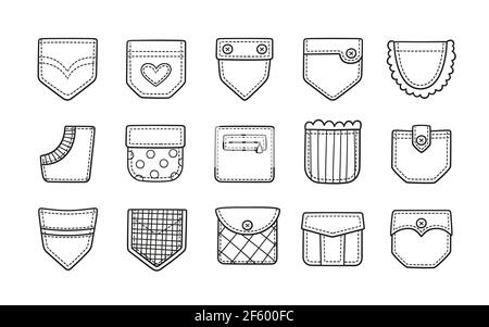 Doodle patch pockets for pants, t-shirts and other clothing. Isolated cartoon vector illustration Stock Vector