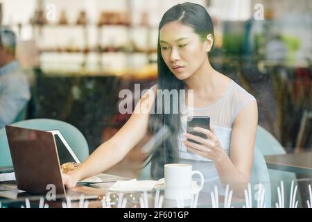 Serious pretty female university student working on laptop amd writing article at table in local cafe Stock Photo
