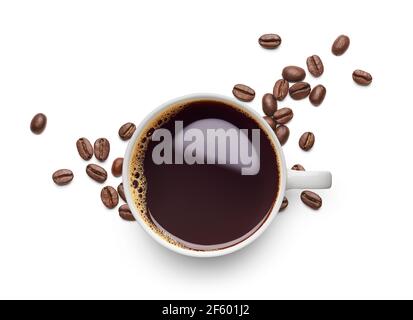 Black coffee and coffee beans on white background - flat lay Stock Photo