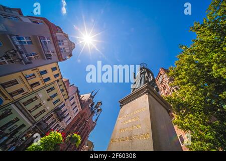 Torun, Poland - August 2020 : A low wide angle shot of famous astronomer Nicolaus Copernicus Statue Stock Photo