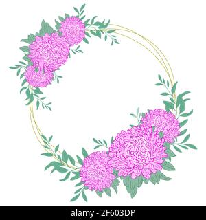 Round frame with aster flowers. Pink bright garden flowers with leaves. Circular floral arrangement, template with place for text.Vector. Stock Vector