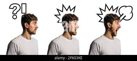 Thoughtful, finding solution man with question and exclamation marks. Collage Stock Photo