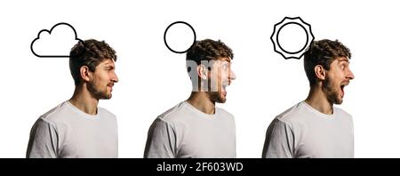 Thoughtful, finding solution man with question gear mechanism. Collage Stock Photo
