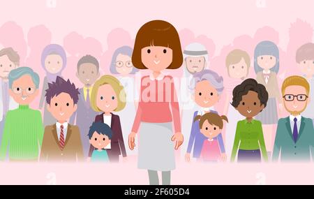 A set of women standing in front of a large number of people.It's vector art so easy to edit. Stock Vector