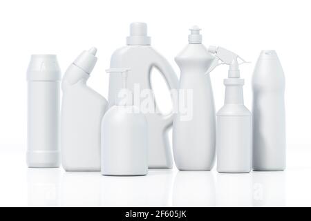 Blank cleaning product packages isolated on white background. 3D illustration. Stock Photo