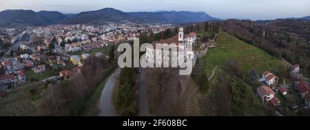 Panorama of Kostanjevica Church With Nova Gorica, View From Drone, City on Left. Stock Photo