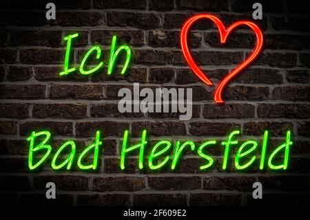 Leuchtreklame, Ich liebe Bad Hersfeld, Hessen, Deutschland, Europa | Illuminated advertising, I love Bad Hersfeld, Hesse, Germany, Europe Stock Photo