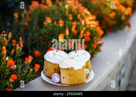 Easter cakes in a plate with Easter eggs near a flower bed. Stock Photo