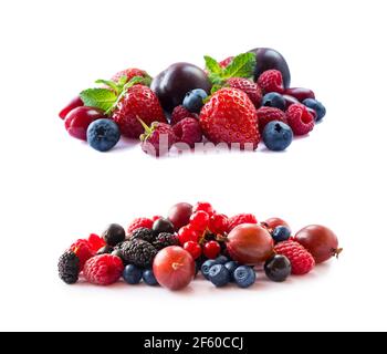 Fruits, berries isolated on white background. Fruits and berries with copy space for text. Currant, blueberry, strawberry, plum, gooseberry, mulberry, Stock Photo