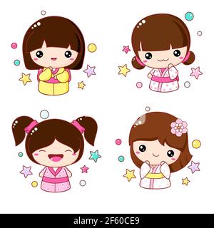 Set of cute icons in kawaii style. Collection of Japanese traditional toy kokeshi doll in kimono. Vector illustration EPS8 Stock Vector