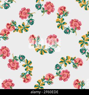 Hand drawn flowers roses branch, leaves seamless pattern abstract background wallpaper. Line art botanical illustration. Floral wall art vector illust Stock Vector