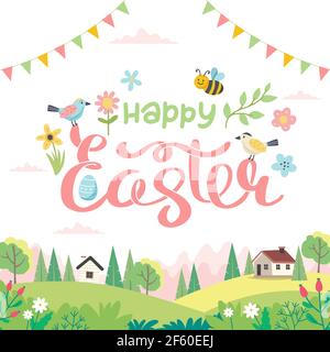 Happy Easter card with lettering and cute landscape. Hand drawn flat cartoon. Vector illustration Stock Vector