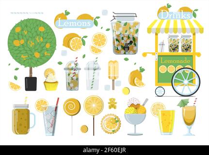 Big vector lemonade set. Flat illustration of glasses of lemonade, lemons cut and whole, lemon tree, lemonade cart, cake and ice cream. A set of all Stock Vector