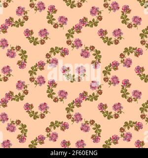 Hand drawn flowers roses branch, leaves seamless pattern abstract background wallpaper. Line art botanical illustration. Floral wall art vector illust Stock Vector