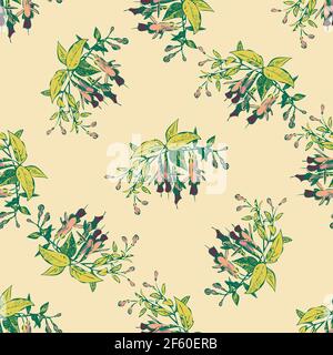 Hand Drawn Flowers Fuchsia Branch Leaves Seamless Pattern Abstract Background Wallpaper Line Art Botanical Illustration Floral Wall Art Vector Illustration Trendy Color Green Pastel Graphic Design Stock Vector Image Art