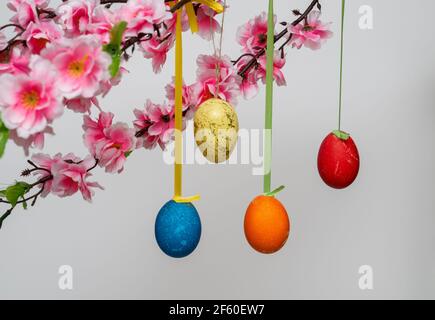 Easter background composition with hanging eggs on a branch, on a white background Stock Photo