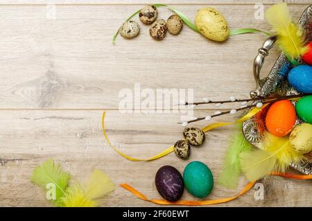Easter background, composition with Easter eggs, place to paste the text, greeting card, flat Lay Stock Photo