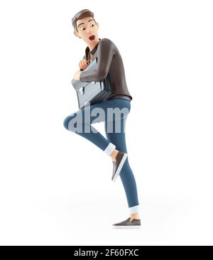 3d afraid cartoon man holding briefcase, illustration isolated on white background Stock Photo