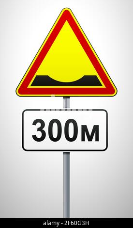 Pothole warning temporary road sign. A sign on a post with an additional information plate. Traffic Laws. Signs and road markings. Vector illustration Stock Vector