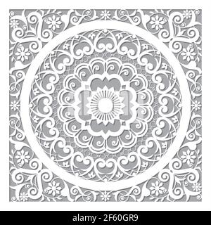 Cool Moroccan vector openwork mandala design in square in white and gray inspired by the old carved wood wall art patterns from Morocco Stock Vector