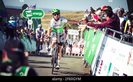 Mark Cavendish of Dimension Data, high 5s fans at the top of Burton Dassett at OVO Energy Tour of Britain 2019 stage 7 13/09/2019. Credit: Jon Wallace Stock Photo