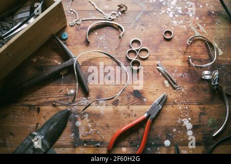 High angle view of work tool on table at workshop Stock Photo