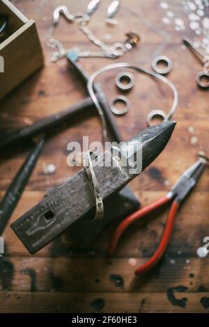 High angle view of work tool on table Stock Photo