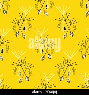 Dandelion seeds seamless vector pattern background. Floating folk art style bouquets of herbacious garden or field flowers yellow black backdrop Stock Vector