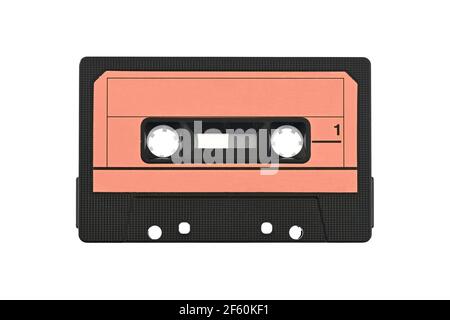 Cassette tape isolated on white. Vintage audio cassette, retro red coloring. Stock Photo