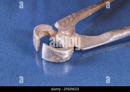Rusty pliers lie on a table with a reflection. Carpenter's tool on a blue background Stock Photo