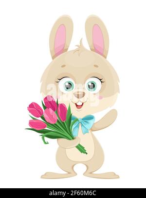 Happy Easter. Cute little bunny holding a bouquet of tulips. Cartoon character rabbit. Stock vector illustration. Stock Vector