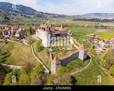 Exterior view of the famous medieval Gruyeres castle in Canton Fribourg, Switzerland Stock Photo