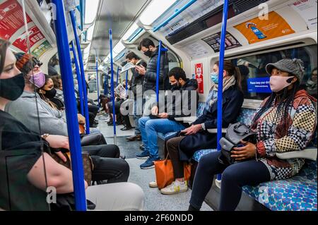 London, UK. 29th Mar, 2021. The underground is busy on the morning of the new stage 1c of the easing of the national Lockdown. Credit: Guy Bell/Alamy Live News Stock Photo