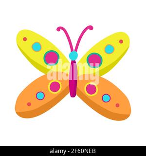 Bright colored butterfly in cartoon style, vector object on a white background, insect with wings.Print for baby clothes, sticker Stock Vector