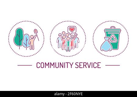 Community service color line icons set. Plant trees concept.  Stock Vector