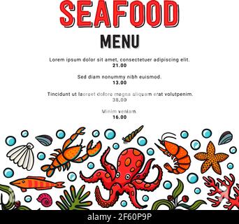 Seafood menu in doodle style. Vector icons mussel, fish, shrimp, octopus, scallop, lobster, mollusk oyster Vector illustration Stock Vector