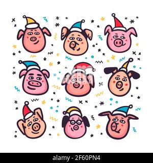 Santa Pigs. Funny pigs with Santa hats. Chinese New Year symbol. Doodle style characters for greeting cards, print, icon, sticker. Vector Stock Vector
