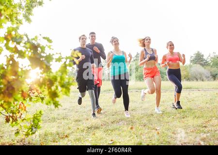 Group of friends trains endurance and fitness while cross-country running in nature in the park Stock Photo