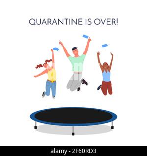 Crowd of young happy smiling multinational diverse people are jumping on trampoline outdoors throwing up face masks Stock Vector