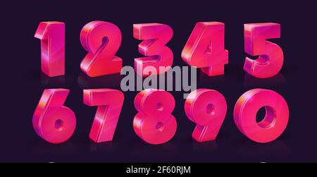 Set of ten numbers from zero to nine, Vivid neon pink on dark background. Vector illustration Stock Vector