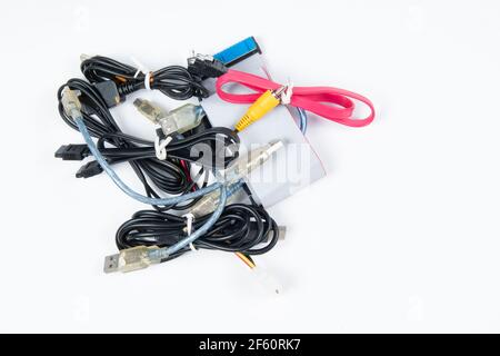 technological waste that remains in residence as computer cables Stock Photo