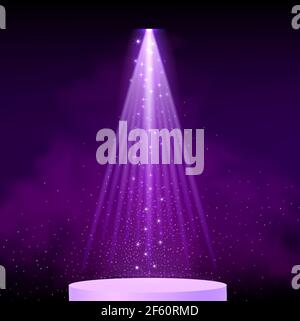 Purple spotlight. Bright lighting with spotlights of the stage with purple dust and cylinder podium. Stock Vector