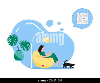 Vector illustration Woman solves online sudoku on laptop Relaxing at home lifestyle concept Leisure Puzzle game with numbers Solving Problem Solution Stock Vector