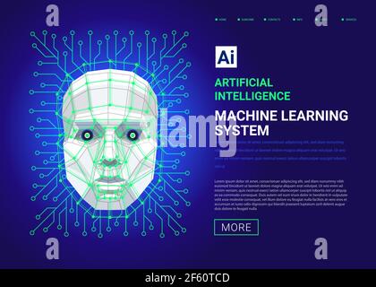 Machine learning system web template. Human face consisting of polygons, points, lines and binary data flow on blue background. artificial intelligenc Stock Vector