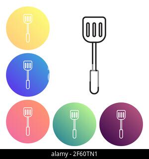 Black line Spatula icon isolated on white background. Kitchen spatula icon. BBQ spatula sign. Barbecue and grill tool. Set icons colorful circle butto Stock Vector
