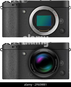Mirrorless  digital photo cameras with open matrix and with lens, MILC retro black metal  designs.  Vector  illustration Stock Vector