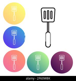 Black line Spatula icon isolated on white background. Kitchen spatula icon. BBQ spatula sign. Barbecue and grill tool. Set icons colorful circle butto Stock Vector