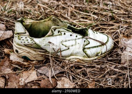 Old torn sneakers in dirty grass Stock Photo